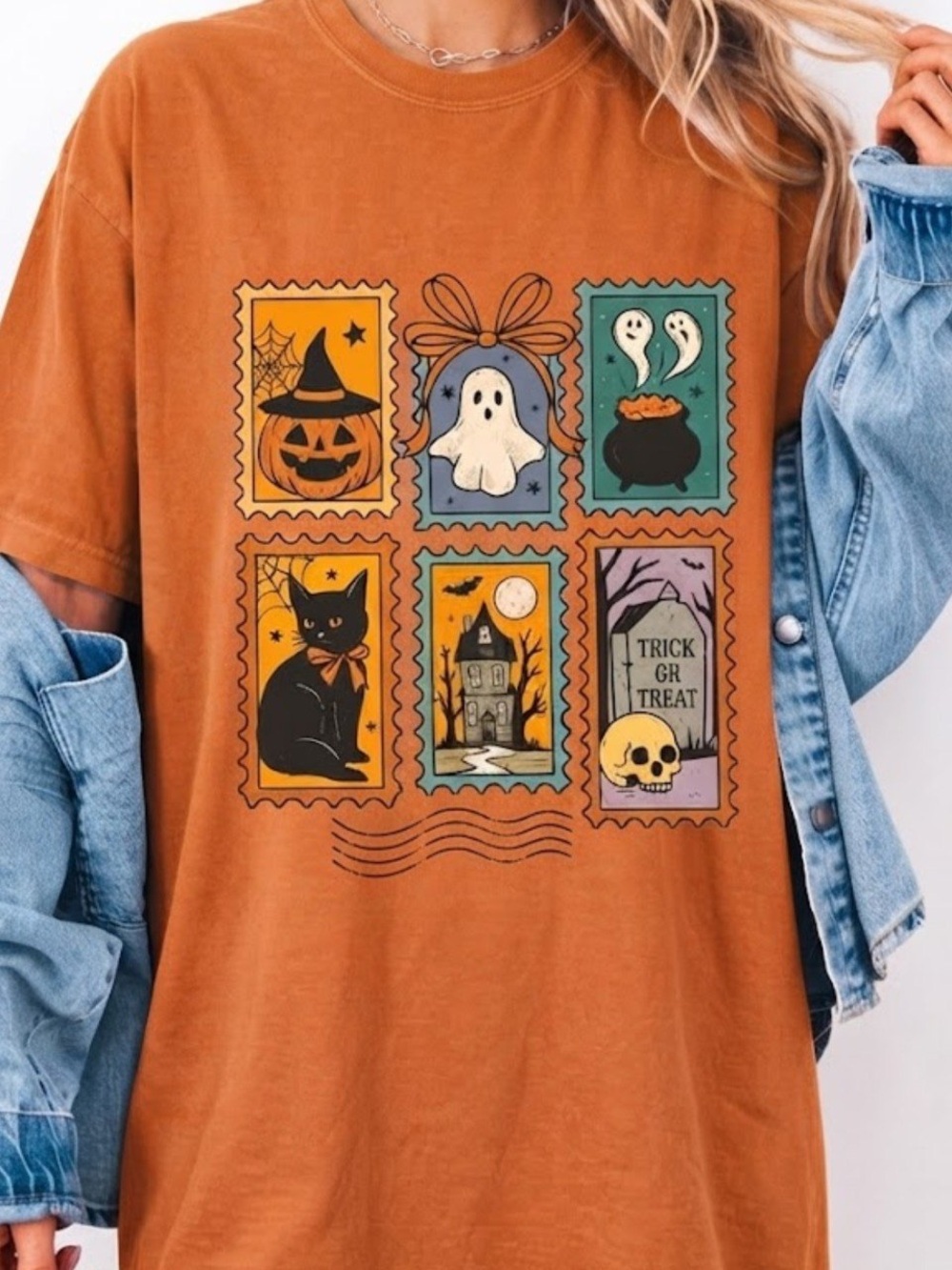 Spooky Halloween Stamp Art Orange Comfort Color T-Shirt - Picture 2 of 3